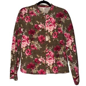 J. Jill Quilted Floral Button Front Jacket Olive Pink Green Medium